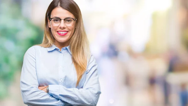 Jonge Mooie Zakenvrouw Bril Geïsoleerd Achtergrond Blij Gezicht Lachend Met — Stockfoto