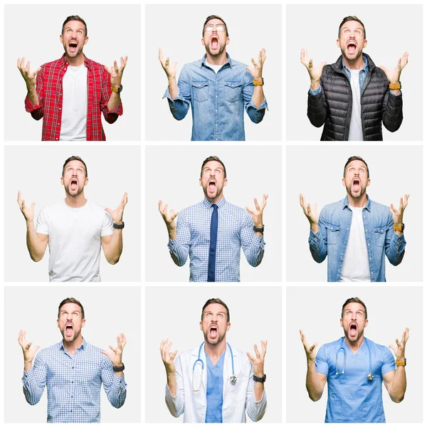 Collage Van Aantrekkelijke Jonge Man Witte Geïsoleerd Achtergrond Gekke Gekke — Stockfoto