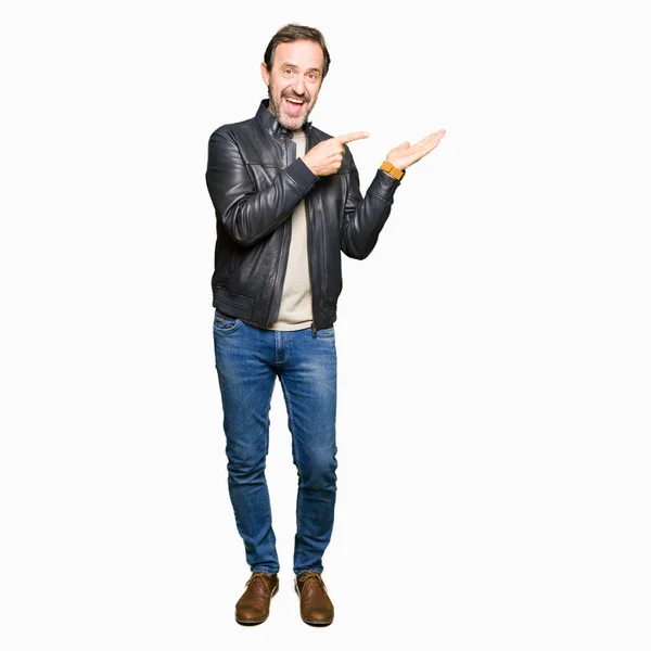 Middle Age Handsome Man Wearing Black Leather Jacket Amazed Smiling — Stock Photo, Image