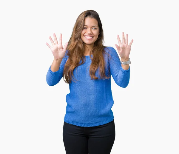 Joven Hermosa Morena Vistiendo Suéter Azul Sobre Fondo Aislado Mostrando —  Fotos de Stock