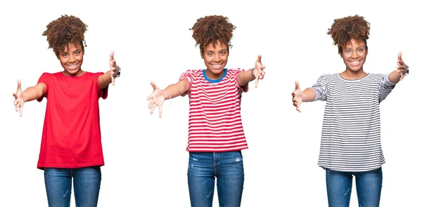 Collage Van Jonge Mooie Afrikaanse Meisje Geïsoleerde Achtergrond Kijken Naar — Stockfoto