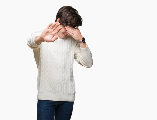 Young Handsome Man Wearing Glasses Isolated Background Covering Eyes Hands — Stock Photo, Image