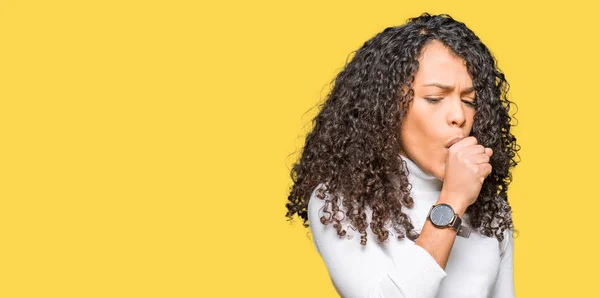 Young Beautiful Woman Curly Hair Wearing Turtleneck Sweater Feeling Unwell — Stock Photo, Image