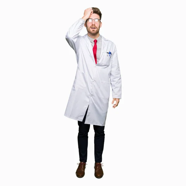 Young Handsome Scientist Man Wearing Glasses Surprised Hand Head Mistake — Stock Photo, Image