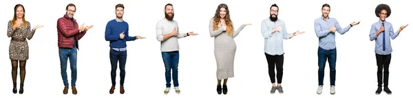 Collage Persone Sfondo Bianco Isolato Mostrando Mano Palmo Facendo Gesto — Foto Stock