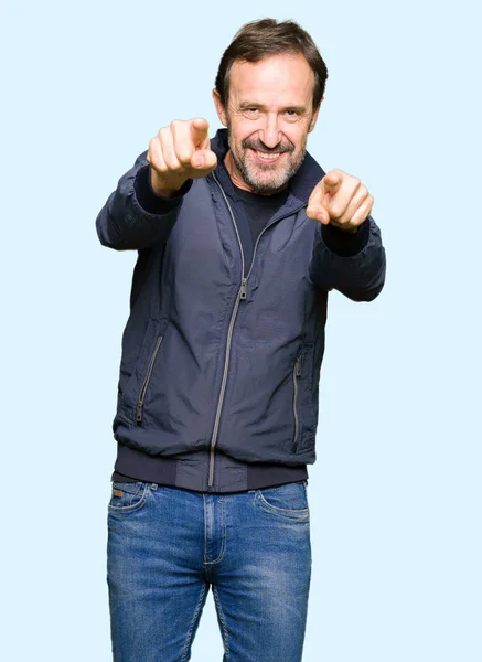 Middle Age Handsome Man Wearing Jacket Pointing You Camera Fingers — Stock Photo, Image