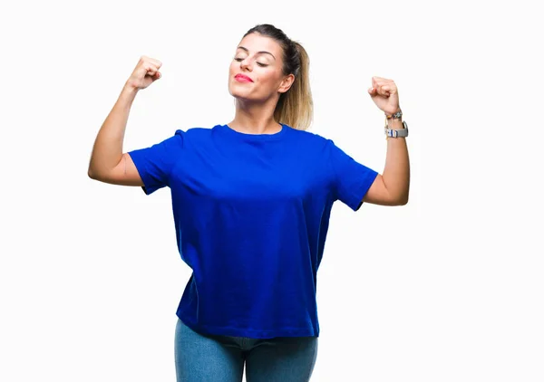 Mulher Bonita Nova Vestindo Casual Camiseta Azul Sobre Fundo Isolado — Fotografia de Stock