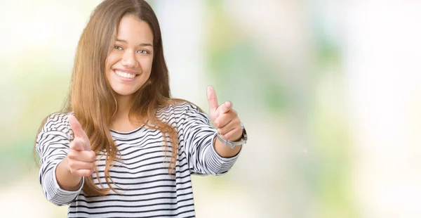 Jonge Mooie Brunette Vrouw Strepen Trui Dragen Geïsoleerde Achtergrond Wijzen — Stockfoto