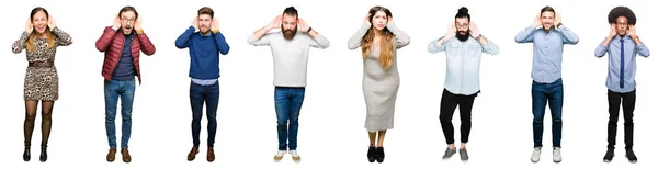 Collage People White Isolated Background Trying Hear Both Hands Ear — Stock Photo, Image