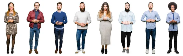 Collage Van Mensen Witte Geïsoleerd Samen Achtergrond Handen Vingers Gekruist — Stockfoto