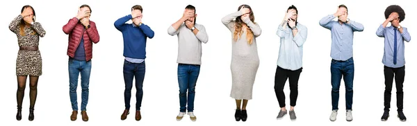 Collage Personas Sobre Fondo Blanco Aislado Cubriendo Los Ojos Boca — Foto de Stock