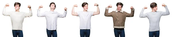 Collage Hombre Joven Sobre Fondo Blanco Aislado Mostrando Los Músculos — Foto de Stock