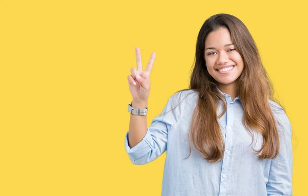 Jovem Mulher Negócios Bonita Morena Sobre Fundo Isolado Mostrando Apontando — Fotografia de Stock