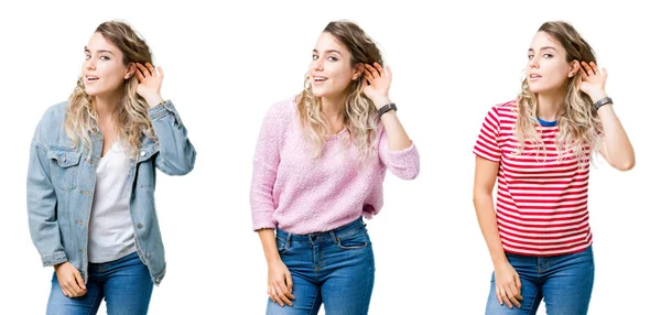 Collage Joven Hermosa Rubia Sobre Fondo Aislado Sonriendo Con Mano — Foto de Stock