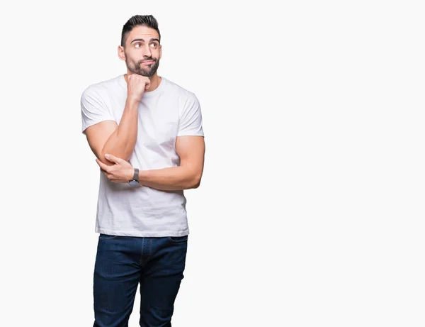 Junger Mann Lässigem Weißem Shirt Vor Isoliertem Hintergrund Die Hand — Stockfoto