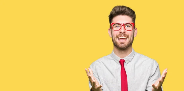 Young Handsome Business Man Wearing Glasses Celebrating Crazy Amazed Success — Stock Photo, Image