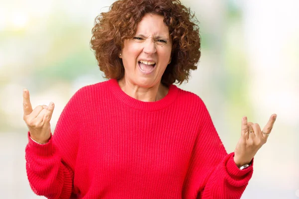 Hermoso Medio Ager Senior Mujer Suéter Rojo Invierno Sobre Fondo —  Fotos de Stock