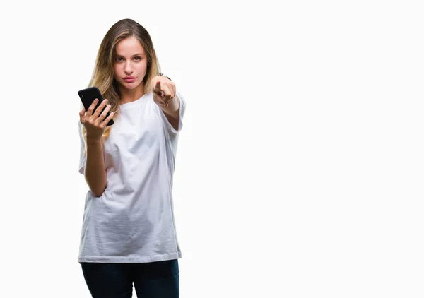 Junge Schöne Blonde Frau Mit Smartphone Über Isolierten Hintergrund Zeigt — Stockfoto