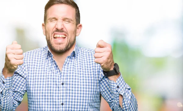 Handsome Business Man Blue Eyes Excited Success Arms Raised Celebrating — Stock Photo, Image