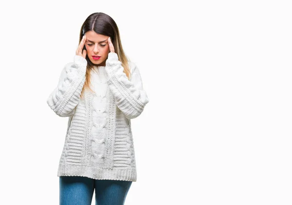 캐주얼 스웨터에 손으로 머리에 통증에 머리에 때문에 스트레스 편두통을 고통을 — 스톡 사진
