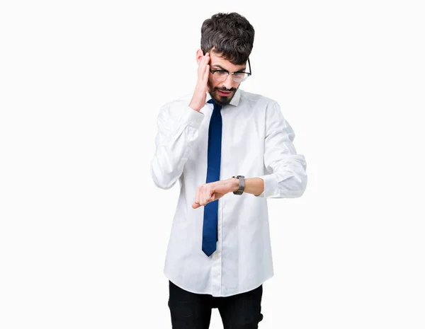 Young Handsome Business Man Wearing Glasses Isolated Background Looking Watch — Stock Photo, Image