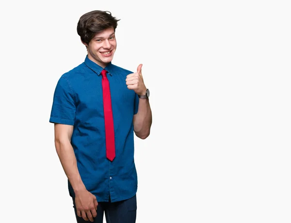 Jovem Homem Negócios Bonito Vestindo Gravata Vermelha Sobre Fundo Isolado — Fotografia de Stock