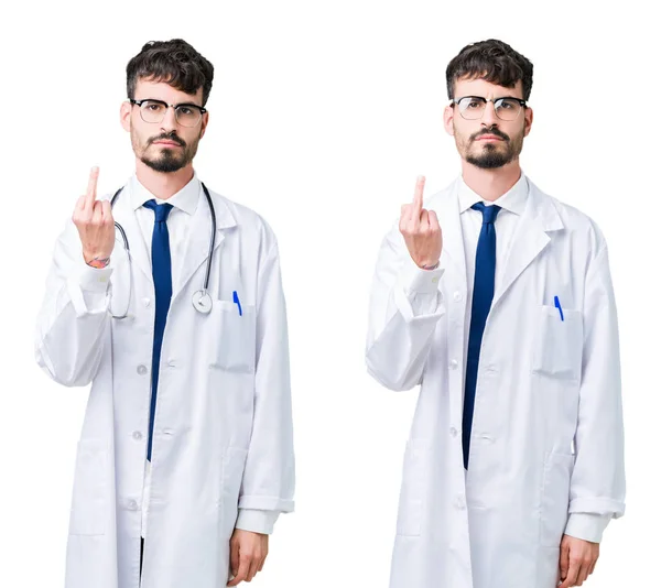 Κολάζ Νέος Γιατρός Άνθρωπος Φορώντας Ιατρικό Παλτό Εμφάνιση Μεσαίο Δάχτυλο — Φωτογραφία Αρχείου
