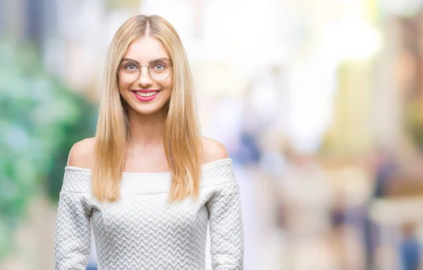 Jonge Mooie Blonde Vrouw Bril Geïsoleerde Achtergrond Met Een Gelukkig — Stockfoto