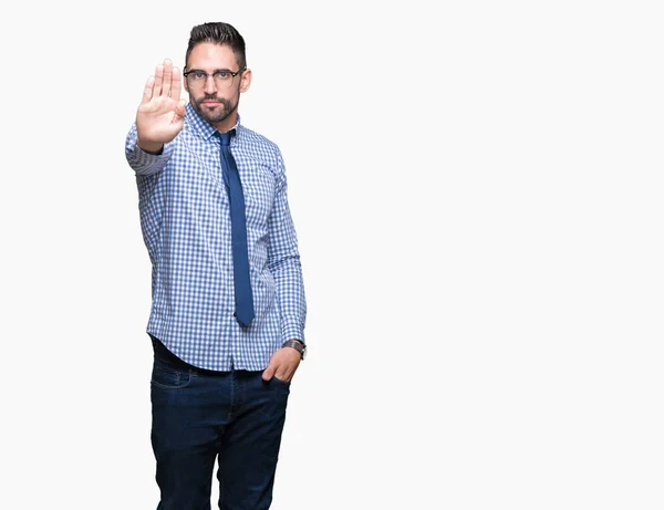 Young Business Man Wearing Glasses Isolated Background Doing Stop Sing — Stock Photo, Image