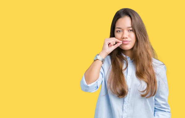 Joven Hermosa Mujer Negocios Morena Sobre Fondo Aislado Boca Labios — Foto de Stock