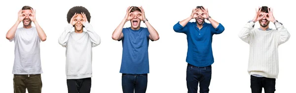 Collage Van Groep Mensen Witte Geïsoleerde Achtergrond Doen Gebaar Als — Stockfoto