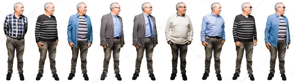Collage of handsome senior man over white isolated background looking away to side with smile on face, natural expression. Laughing confident.