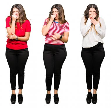 Kolaj güzel genç kadının üzerinde beyaz izole bir şey pis ve iğrenç kokulu arka plan, dayanılmaz koku, holding nefes burun parmaklar ile. Kötü kokuyor kavramı.