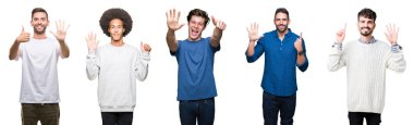 Beyaz izole arka plan üzerinde insanların kolaj gösteren ve parmakları ile işaret ederken emin ve mutlu gülümseyerek altı numara.
