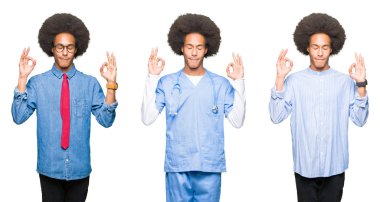 Beyaz izole arka plan üzerinde afro saçlı genç adam kolaj rahatla ve gülümseyen gözlerle kapalı parmak jestle meditasyon yapıyor. Yoga kavramı.