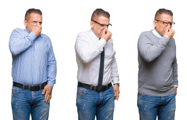 İzole arka plan üzerinde Arap orta yaş adamın bileşimi koku ve mide bulandırıcı bir şey kokusu, burun üzerinde parmaklar ile nefes tutarak. Kötü koku kavramı.