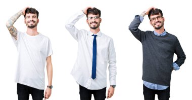 El hareketi ile kendine güvenen dokunaklı saç gülümseyerek, çekici poz izole arka plan üzerinde genç adam kolaj