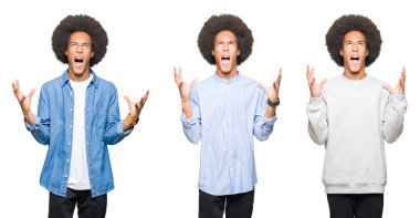Beyaz izole arka plan çılgın ve deli bağırma ve agresif ifade ve kollar ile bağırarak üzerinde afro saç ile genç adam kolaj kaldırdı. Hayal kırıklığı kavramı.