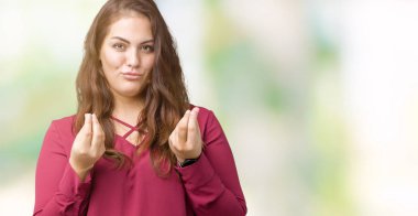 Artı boyutu genç kadın izole arka plan güzel yapıyor para jest maaş ödeme için milyoner iş isteyen el ile