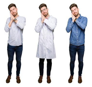 Beyaz izole arka planda yakışıklı genç profesyonel adam kolaj yorgun hayal uyuyan ve kapalı gözleri ile gülümseyen iken eller birlikte poz.