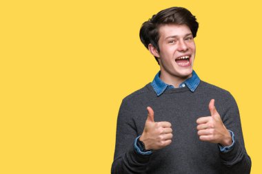 Genç yakışıklı zarif adam izole arka plan başarı işareti el ile pozitif jest yapıyor üzerinde başparmak gülümseyen ve mutlu. Neşeli bir ifadeyle, kazanan jest kameraya bakıyor.