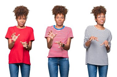 Kolaj genç güzel Afrikalı kız izole arka plan üzerinde bir tiksinti ifadesi, memnun ve korkulu tiksinti yüz yapıyorsun çünkü nefret tepki. Elleriyle kaldırdı. Sinir bozucu kavramı.