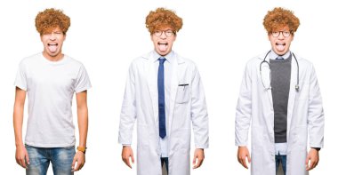Kolaj genç doktor adam izole beyaz arka plan üzerine tıbbi ceket giyiyor komik ifade ile mutlu dil dışarı yapışması. Duygu konsepti.