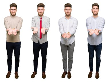 Beyaz izole arka plan üzerinde yakışıklı genç iş adamı kolaj el avuç içi birlikte alma veya jest vererek gülümsüyor. Tutma ve koruma