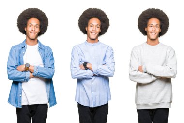 Kolaj üzerinde beyaz izole arka plan mutlu yüz çapraz silah kameraya bakarak ile gülümseyen afro saçlı Genç adam. Olumlu bir kişi.