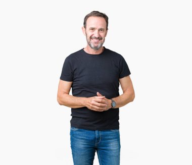 Yakışıklı orta yaş ağarmış üst düzey adam arka plan eller birlikte izole ve parmakları rahat ve neşeli gülümseyen geçti. Başarı ve iyimser