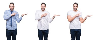 Beyaz izole arka plan üzerinde yakışıklı iş adamı kolaj şaşırttı ve el ile sunarken kameraya gülümseyerek ve parmak ile işaret.