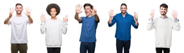 Beyaz izole arka plan üzerinde insanların kolaj gösteren ve parmakları ile işaret ederken emin ve mutlu gülümseyerek sekiz.