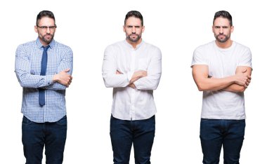Beyaz izole arka plan üzerinde yakışıklı iş adamı kolaj şüpheci ve sinir, kesişmiş kollar ile yüz üzerinde ifade onaylamıyor. Negatif kişi.