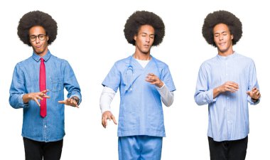 Kolaj beyaz izole arka plan üzerinde afro saçlı genç adam bir tiksinti ifadesi, memnun ve korkulu tiksinti yüz yapıyorsun çünkü nefret tepki. Elleriyle kaldırdı. Sinir bozucu kavramı.